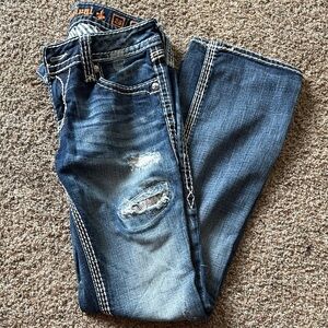 Rock Revival Blue Flare Jeans with Distressed Details